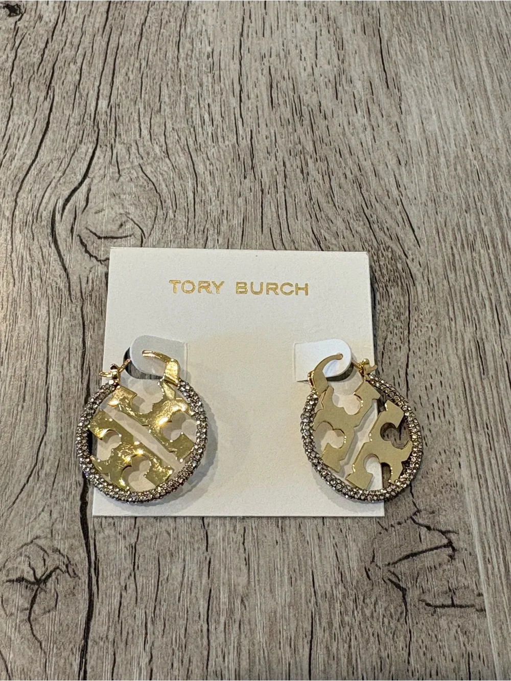 Tory Burch Gold Logo Crystal-Trim Round Drop Earrings